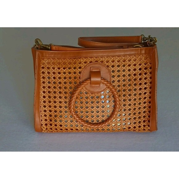Universal Thread Handbags - Universal Thread Faux Brown Leather Bag Ring Handles Rattan Stitch Flaw
